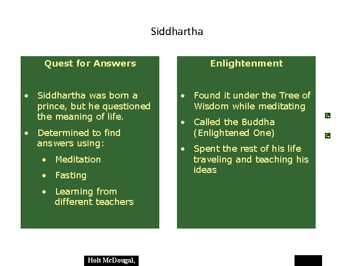 Siddhartha Quest for Answers Enlightenment • Siddhartha was born a prince, but he questioned