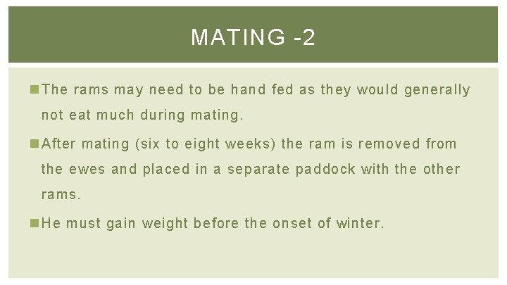 MATING -2 n The rams may need to be hand fed as they would