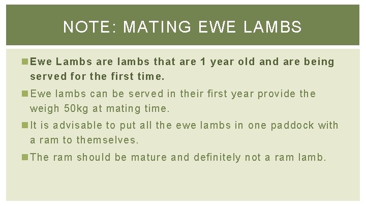 NOTE: MATING EWE LAMBS n Ewe Lambs are lambs that are 1 year old