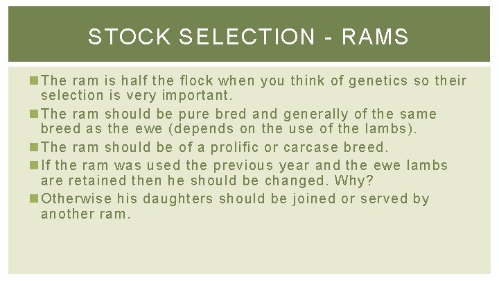 STOCK SELECTION - RAMS n The ram is half the flock when you think