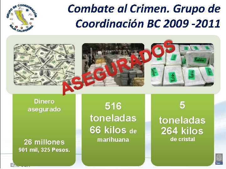Combate al Crimen. Grupo de Coordinación BC 2009 -2011 Dinero asegurado S A 26