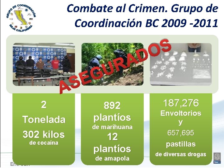 Combate al Crimen. Grupo de Coordinación BC 2009 -2011 A 2 Tonelada 302 kilos