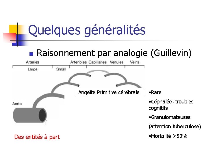 Quelques généralités n Raisonnement par analogie (Guillevin) Angéite Primitive cérébrale • Rare • Céphalée,