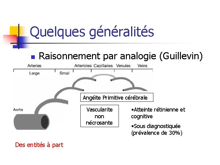 Quelques généralités n Raisonnement par analogie (Guillevin) Angéite Primitive cérébrale Vascularite non nécrosante Des