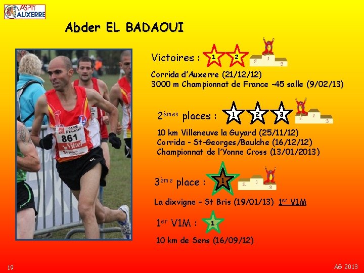 Abder EL BADAOUI Victoires : 1 2 Corrida d’Auxerre (21/12/12) 3000 m Championnat de