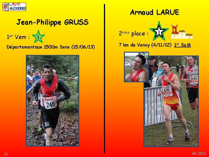 Jean-Philippe GRUSS 1 er Vem : 1 Départementaux 1500 m Sens (15/06/13) 21 Arnaud