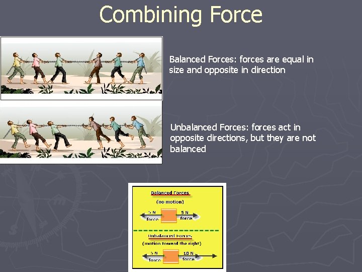 Combining Force Balanced Forces: forces are equal in size and opposite in direction Unbalanced