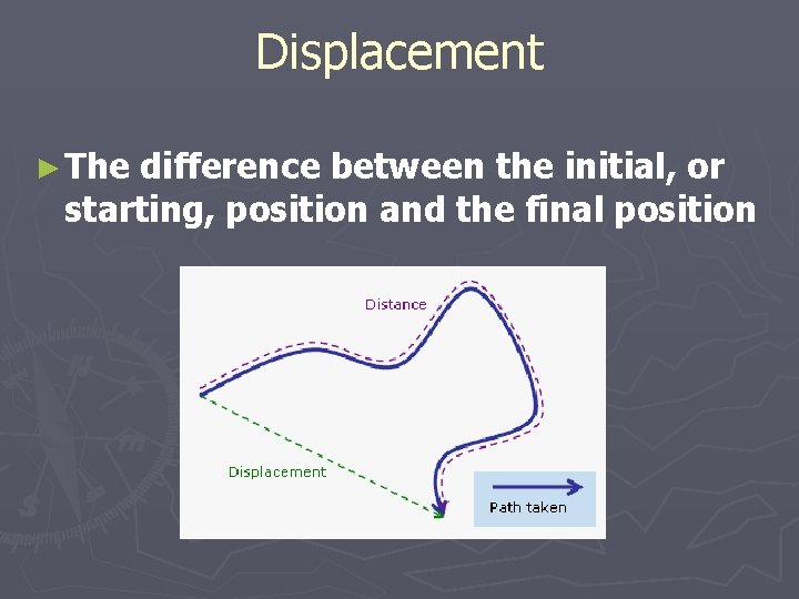 Displacement ► The difference between the initial, or starting, position and the final position