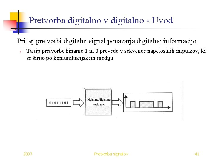 Pretvorba digitalno v digitalno - Uvod Pri tej pretvorbi digitalni signal ponazarja digitalno informacijo.