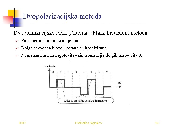 Dvopolarizacijska metoda Dvopolarizacijska AMI (Alternate Mark Inversion) metoda. ü Enosmerna komponenta je nič ü