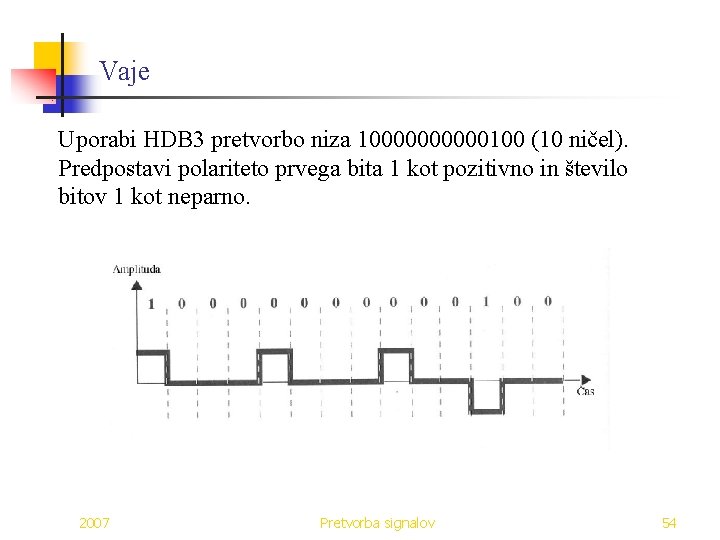 Vaje Uporabi HDB 3 pretvorbo niza 100000100 (10 ničel). Predpostavi polariteto prvega bita 1