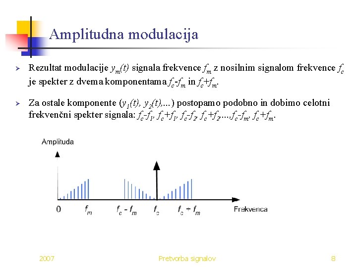 Amplitudna modulacija Ø Ø Rezultat modulacije ym(t) signala frekvence fm z nosilnim signalom frekvence