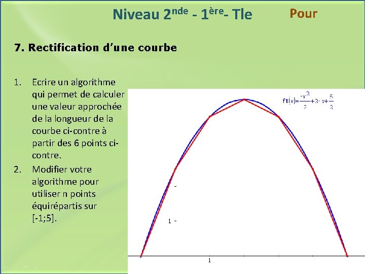 Niveau 2 nde - 1ère- Tle 7. Rectification d’une courbe 1. Ecrire un algorithme