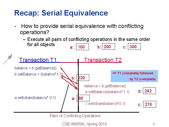 Recap: Serial Equivalence • How to provide serial equivalence with conflicting operations? – Execute