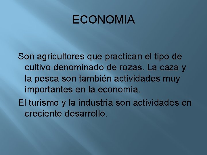 ECONOMIA Son agricultores que practican el tipo de cultivo denominado de rozas. La caza