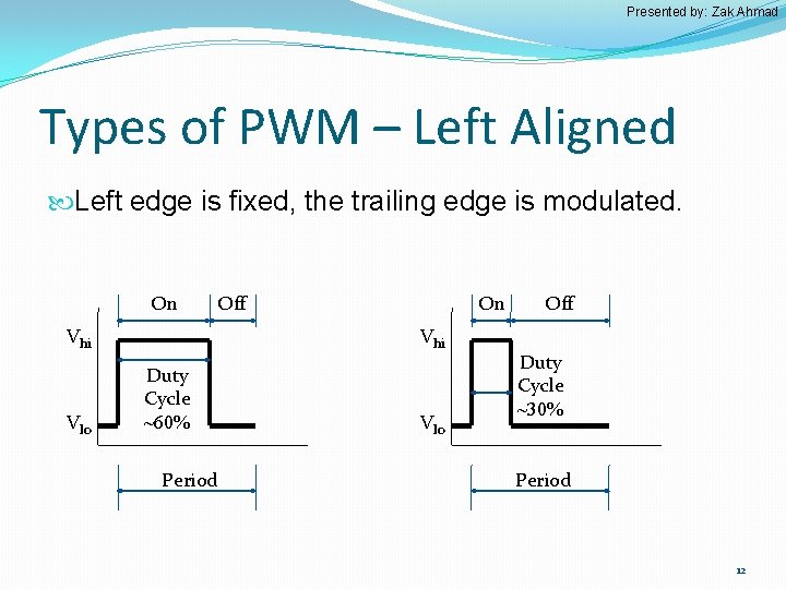 Presented by: Zak Ahmad Types of PWM – Left Aligned Left edge is fixed,