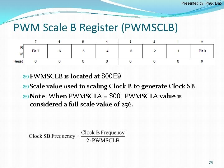 Presented by: Phuc Dao PWM Scale B Register (PWMSCLB) PWMSCLB is located at $00