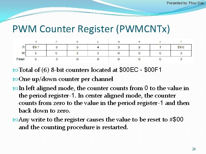Presented by: Phuc Dao PWM Counter Register (PWMCNTx) Total of (6) 8 -bit counters
