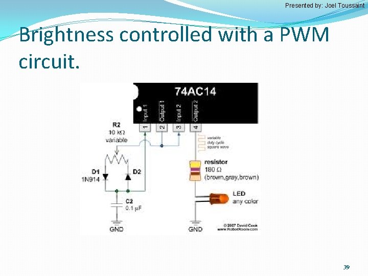 Presented by: Joel Toussaint Brightness controlled with a PWM circuit. 39 