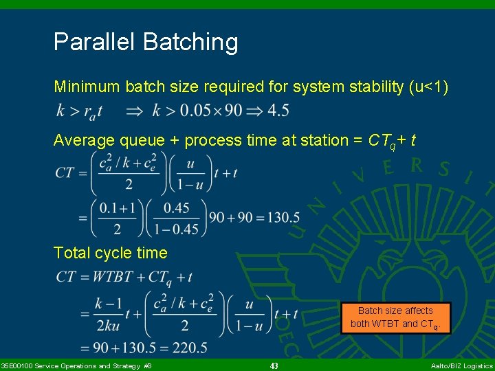 Parallel Batching Minimum batch size required for system stability (u<1) Average queue + process