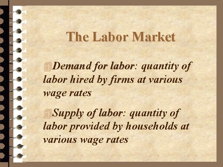 The Labor Market 4 Demand for labor: labor quantity of labor hired by firms