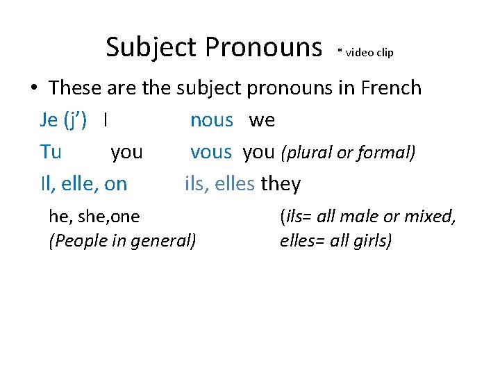 Subject Pronouns * video clip • These are the subject pronouns in French Je