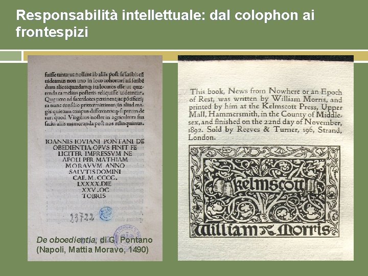 Responsabilità intellettuale: dal colophon ai frontespizi De oboedientia, di G. Pontano (Napoli, Mattia Moravo,