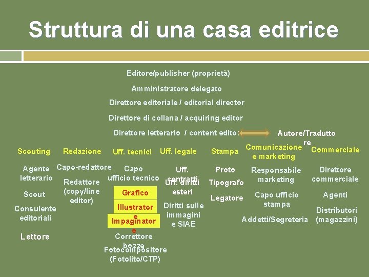 Struttura di una casa editrice Editore/publisher (proprietà) Amministratore delegato Direttore editoriale / editorial director