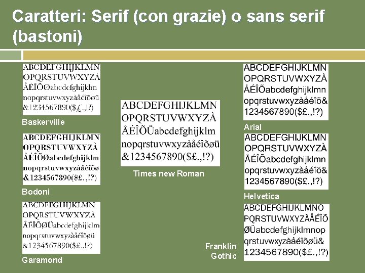 Caratteri: Serif (con grazie) o sans serif (bastoni) Baskerville Arial Times new Roman Bodoni