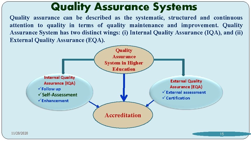 Quality Assurance Systems Quality assurance can be described as the systematic, structured and continuous