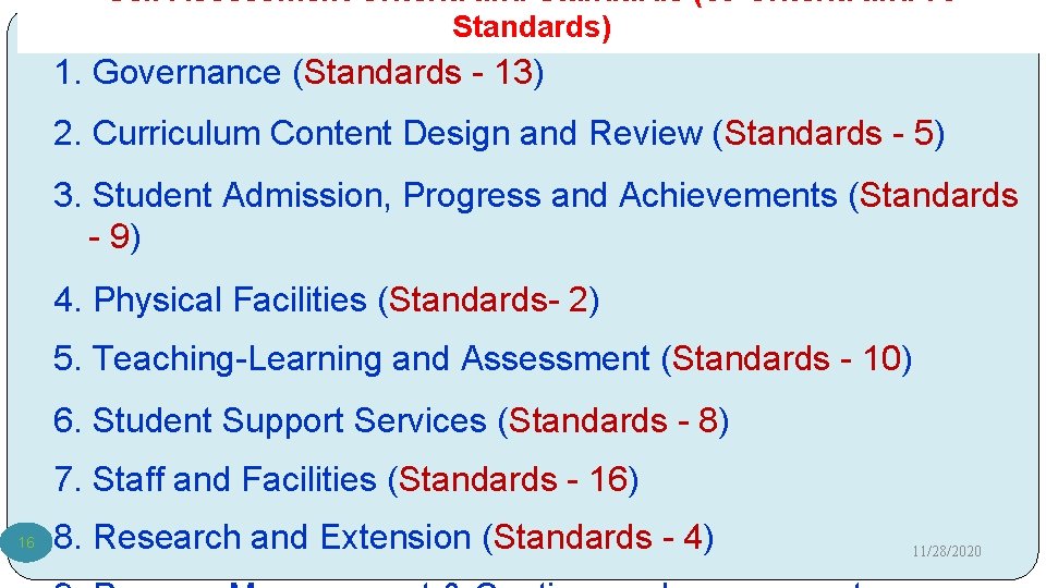 Self Assessment Criteria and Standards (09 Criteria and 70 Standards) 1. Governance (Standards -