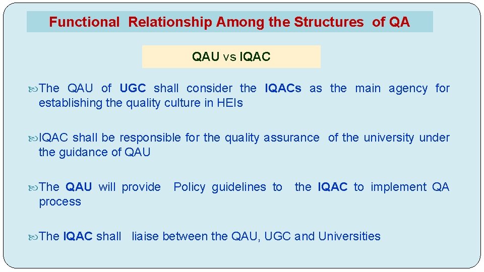 Functional Relationship Among the Structures of QA QAU vs IQAC The QAU of UGC