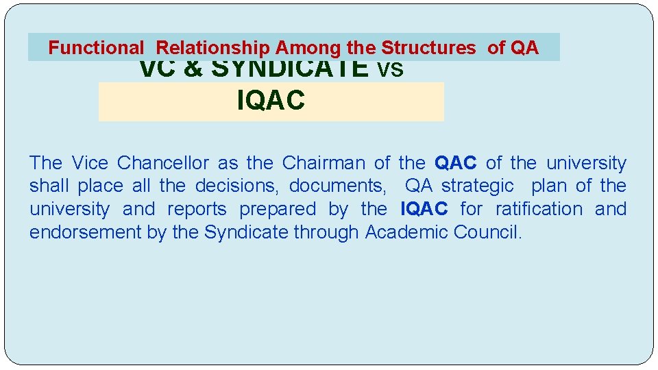 Functional Relationship Among the Structures of QA VC & SYNDICATE vs IQAC The Vice