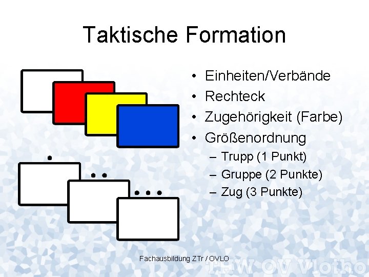 Taktische Formation • • Einheiten/Verbände Rechteck Zugehörigkeit (Farbe) Größenordnung – Trupp (1 Punkt) –