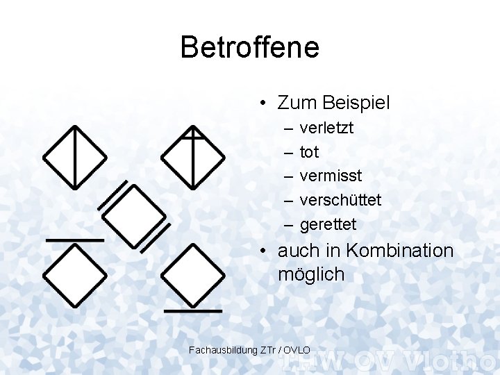 Betroffene • Zum Beispiel – – – verletzt tot vermisst verschüttet gerettet • auch