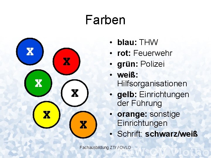 Farben • • blau: THW rot: Feuerwehr grün: Polizei weiß: Hilfsorganisationen • gelb: Einrichtungen