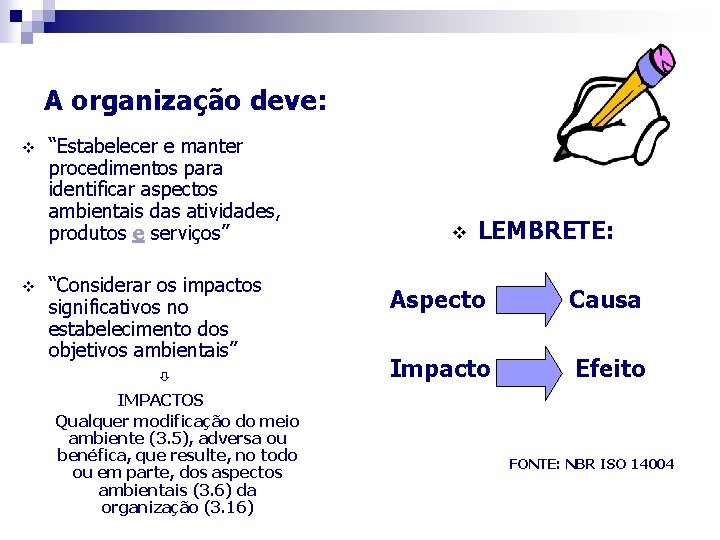 A organização deve: v v “Estabelecer e manter procedimentos para identificar aspectos ambientais das