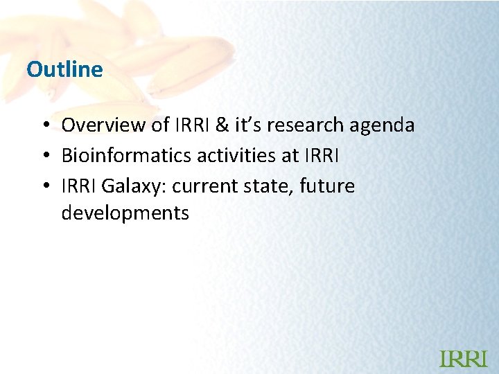 Outline • Overview of IRRI & it’s research agenda • Bioinformatics activities at IRRI