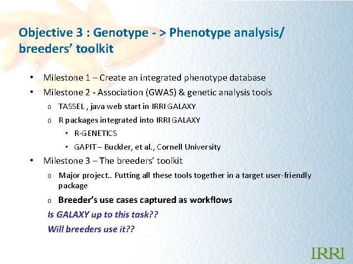 Objective 3 : Genotype - > Phenotype analysis/ breeders’ toolkit • Milestone 1 –