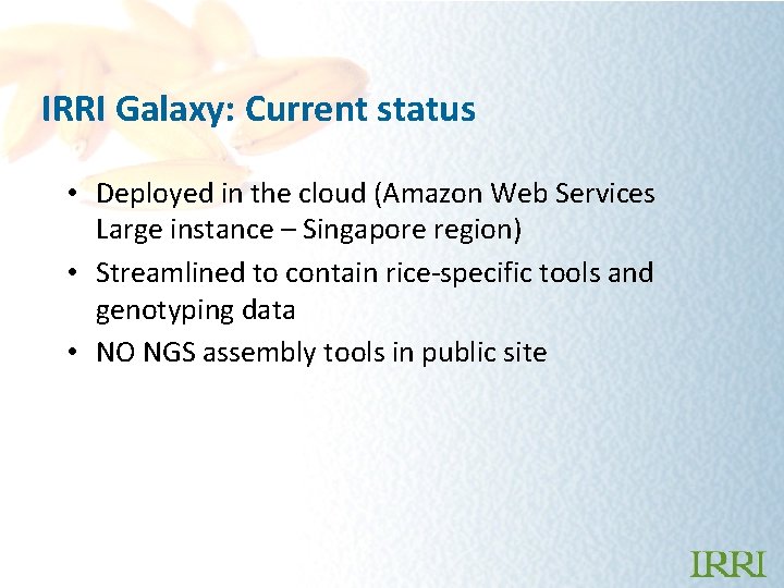 IRRI Galaxy: Current status • Deployed in the cloud (Amazon Web Services Large instance