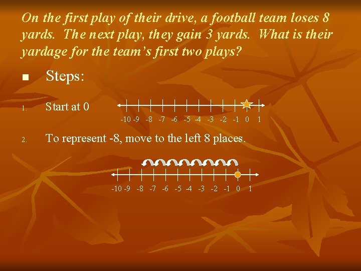 On the first play of their drive, a football team loses 8 yards. The