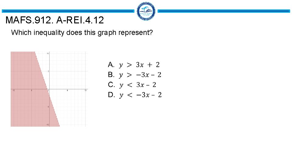 MAFS. 912. A-REI. 4. 12 Which inequality does this graph represent? MAFS. 912. A-REI. 4. 12 Which inequality does this graph represent?