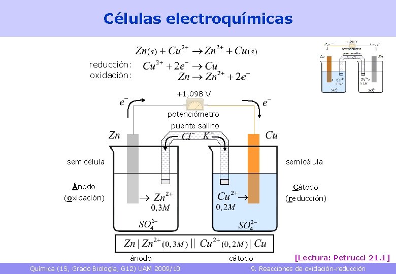 Células electroquímicas reducción: oxidación: +1, 098 V potenciómetro puente salino semicélula Ánodo Cátodo (oxidación)