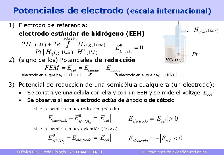 Potenciales de electrodo (escala internacional) 1) Electrodo de referencia: electrodo estándar de hidrógeno (EEH)