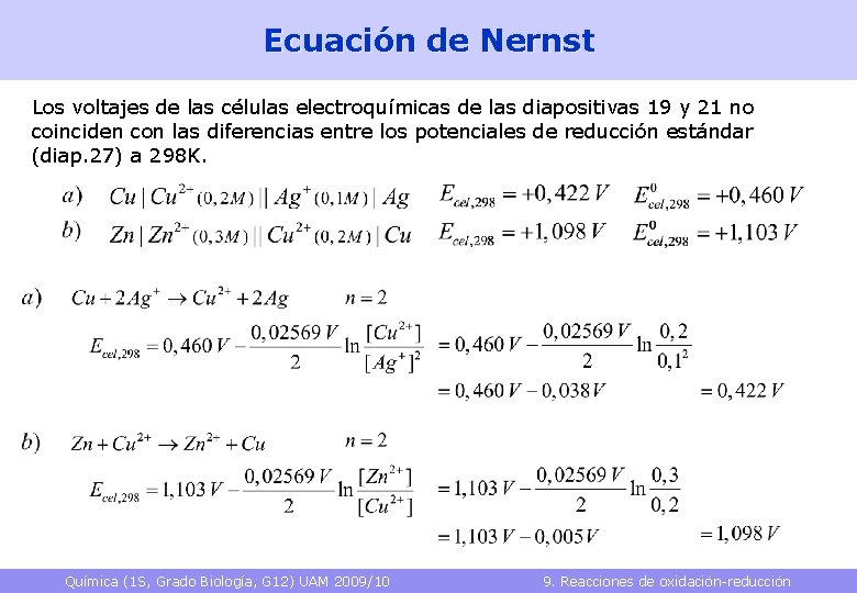 Ecuación de Nernst Los voltajes de las células electroquímicas de las diapositivas 19 y
