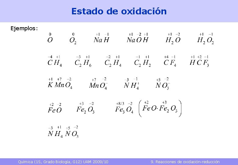 Estado de oxidación Ejemplos: Química (1 S, Grado Biología, G 12) UAM 2009/10 9.
