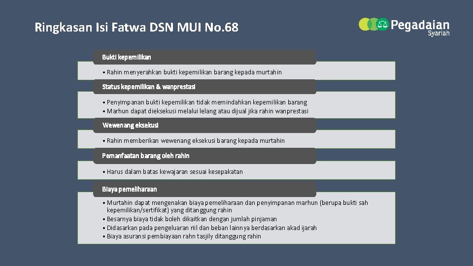 Ringkasan Isi Fatwa DSN MUI No. 68 Bukti kepemilikan • Rahin menyerahkan bukti kepemilikan