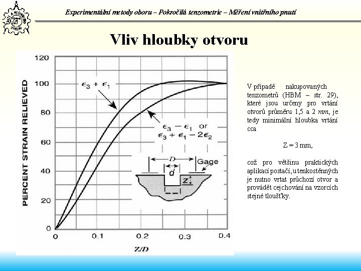 Experimentální metody oboru – Pokročilá tenzometrie – Měření vnitřního pnutí Vliv hloubky otvoru V