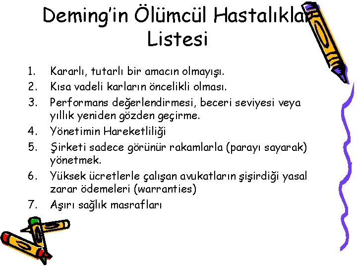 Deming’in Ölümcül Hastalıklar Listesi 1. 2. 3. 4. 5. 6. 7. Kararlı, tutarlı bir