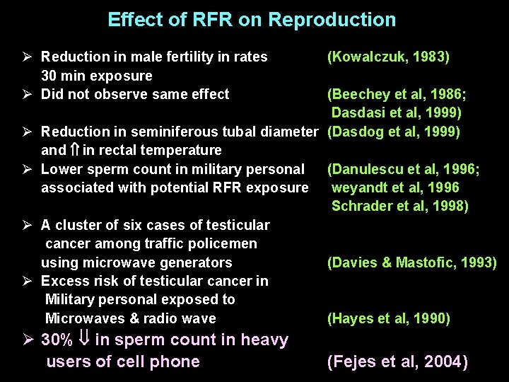 Effect of RFR on Reproduction Ø Reduction in male fertility in rates 30 min